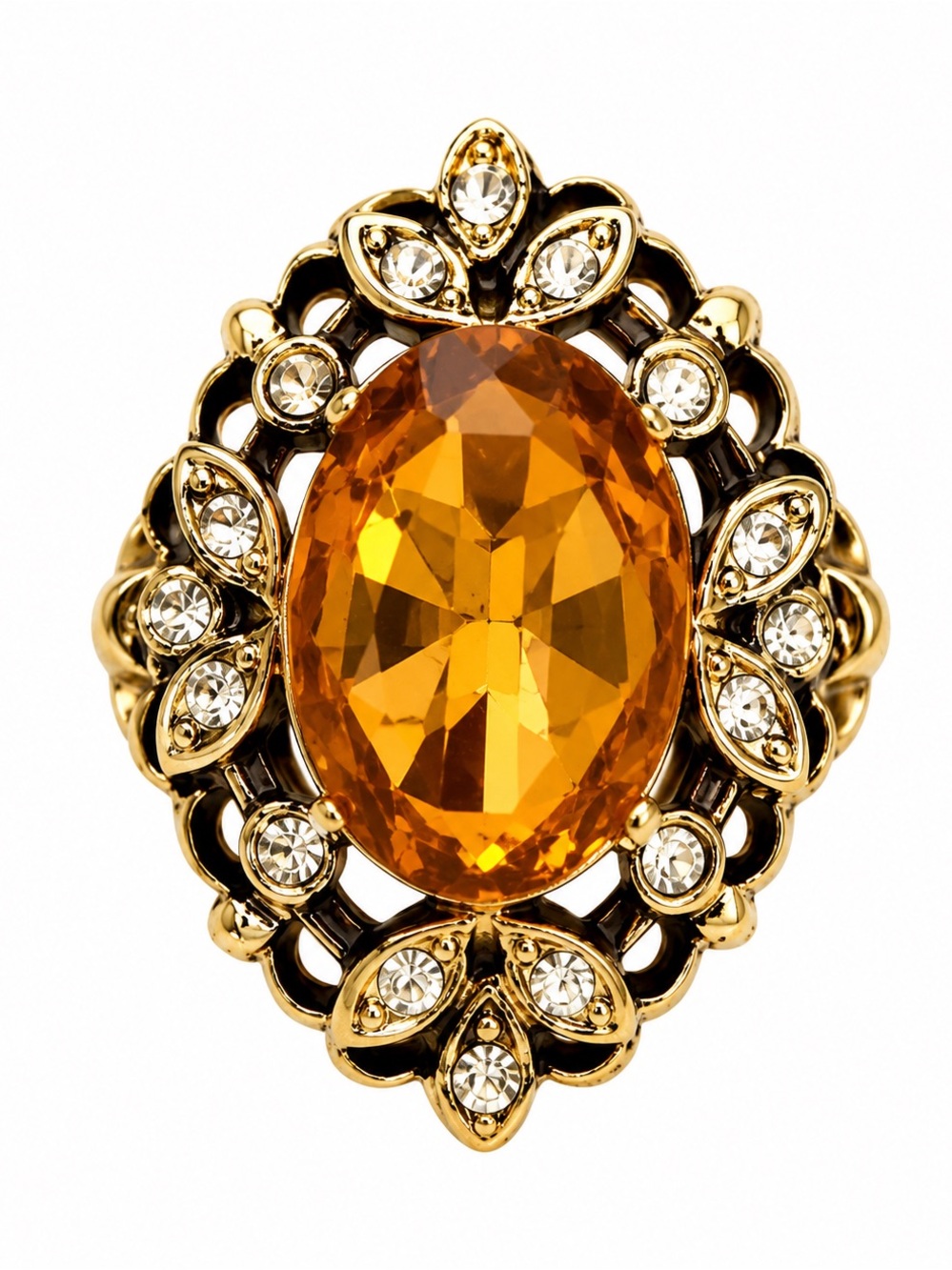 VINTAGE • Gold Amber Crystal Halo Heirloom Cocktail Elegant Statement Ring